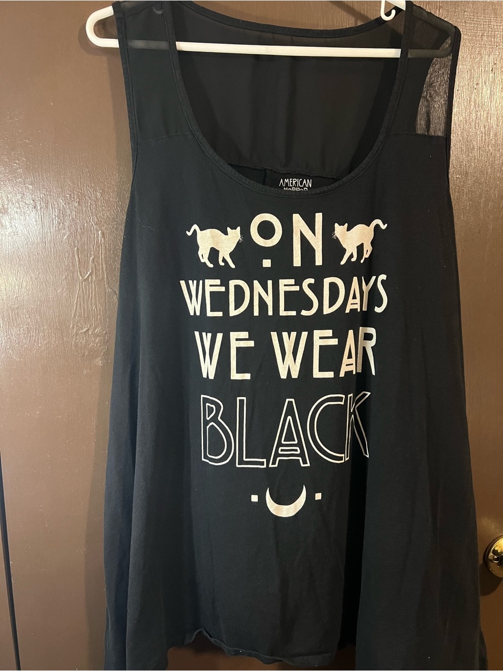 American Rag Black Graphic Tank — "On Wednesdays We Wear Black"